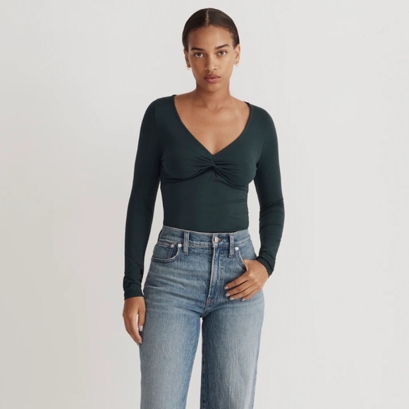 Madewell Twist-Front Long-Sleeve Tee XS forest green NWT - Picture 1 of 7